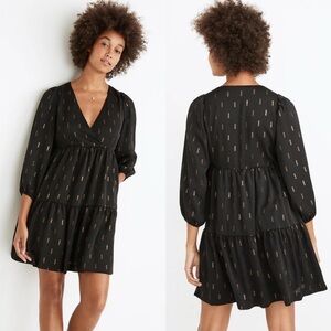Madewell Black Metallic Jacquard Faux-Wrap Tiered Mini Dress Womens Size XL